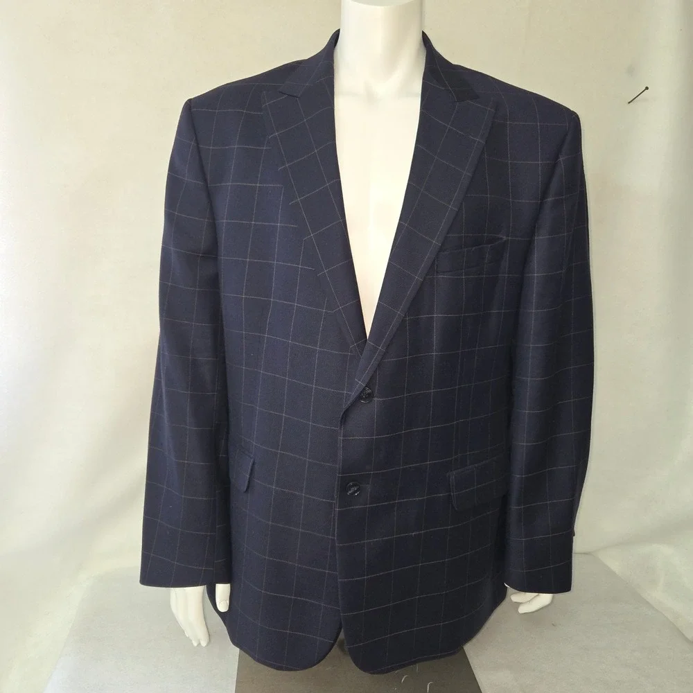 Paul Fredrick Blazer Mens 50R Navy Blue Windowpane‎ Wool Classic Fit Jacket